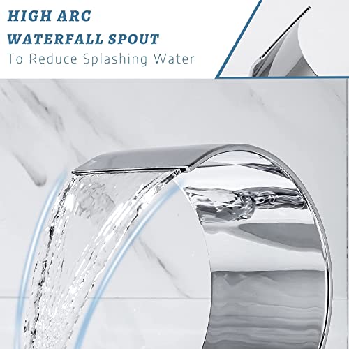 AZOS Waterfall Bathtub Faucet Set with Hand Shower Widespread Roman Tub Faucet Set 5 Hole Tub Filler Faucet Deck Mounted Roman Bathtub Faucet with Sprayer, Chrome - Image 2