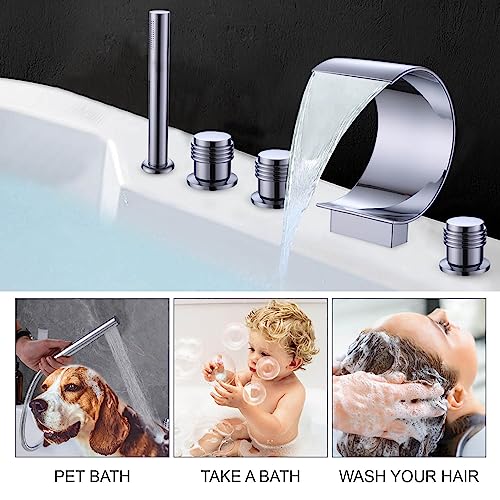 AZOS Waterfall Bathtub Faucet Set with Hand Shower Widespread Roman Tub Faucet Set 5 Hole Tub Filler Faucet Deck Mounted Roman Bathtub Faucet with Sprayer, Chrome - Image 5