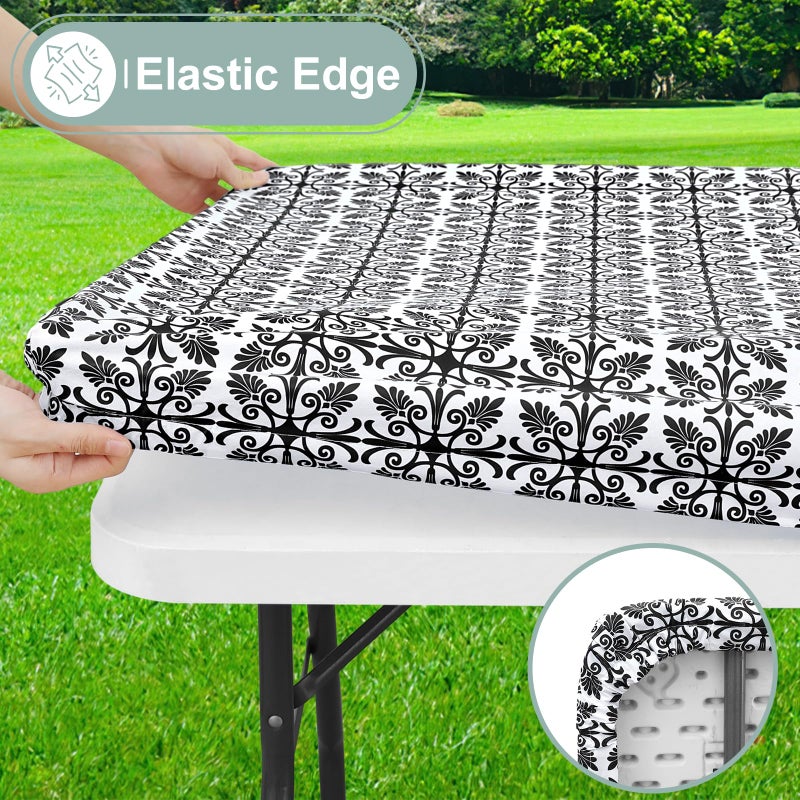 misaya Rectangle Vinyl Table Cloth, Elastic Fitted Flannel Backed Tablecloth, 100% Waterproof Plastic Table Cover Fits 6 Foot Folding Tables for Easter, Picnic, Camping, Outdoor (Black, 30" x 72") - Image 2