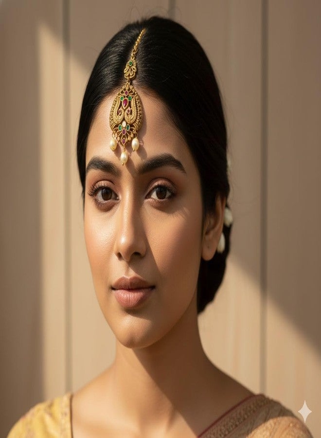 ZEELLO Gold Plated Pearl Maang Tikka Matha Patti Jewellery for Women Girls - Image 2