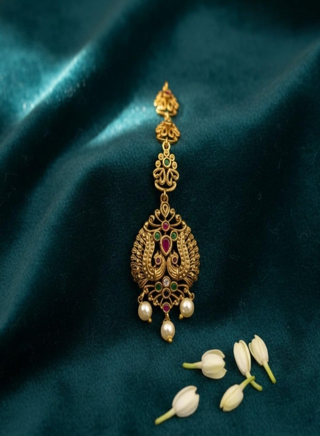 ZEELLO Gold Plated Pearl Maang Tikka Matha Patti Jewellery for Women Girls - Image 3