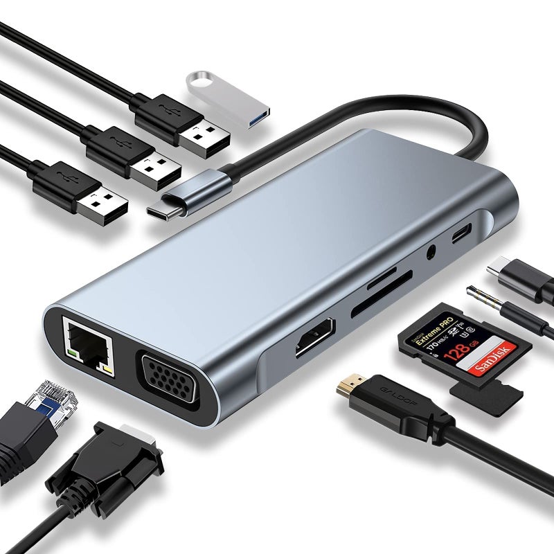 ZERO 11IN1 Type C to 4K HDTV Adapter with LAN, VGA, Audio, 4 USB Ports, SD and TF Slots - Grey - Image 3
