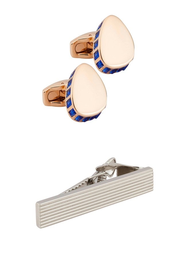 Knighthood - Shield Shaped with Royal Blue Stone Detailing Cufflinks and Tie Clip/Tie Pin Set for Mens (SIL-1)