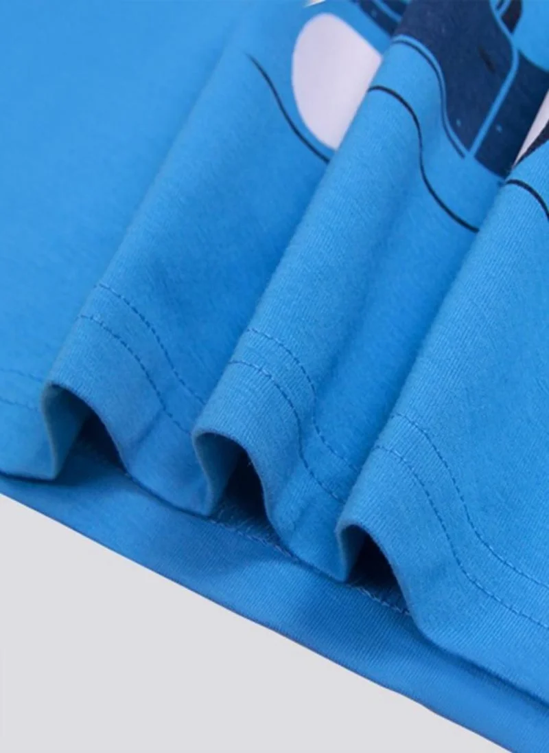 YUNIQEE Blue Self Design Printed Solid Round Neck Cotton T-shirt