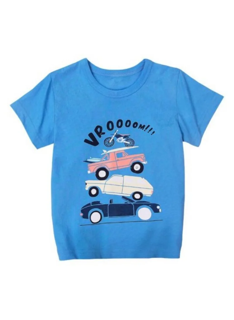 YUNIQEE Blue Self Design Printed Solid Round Neck Cotton T-shirt