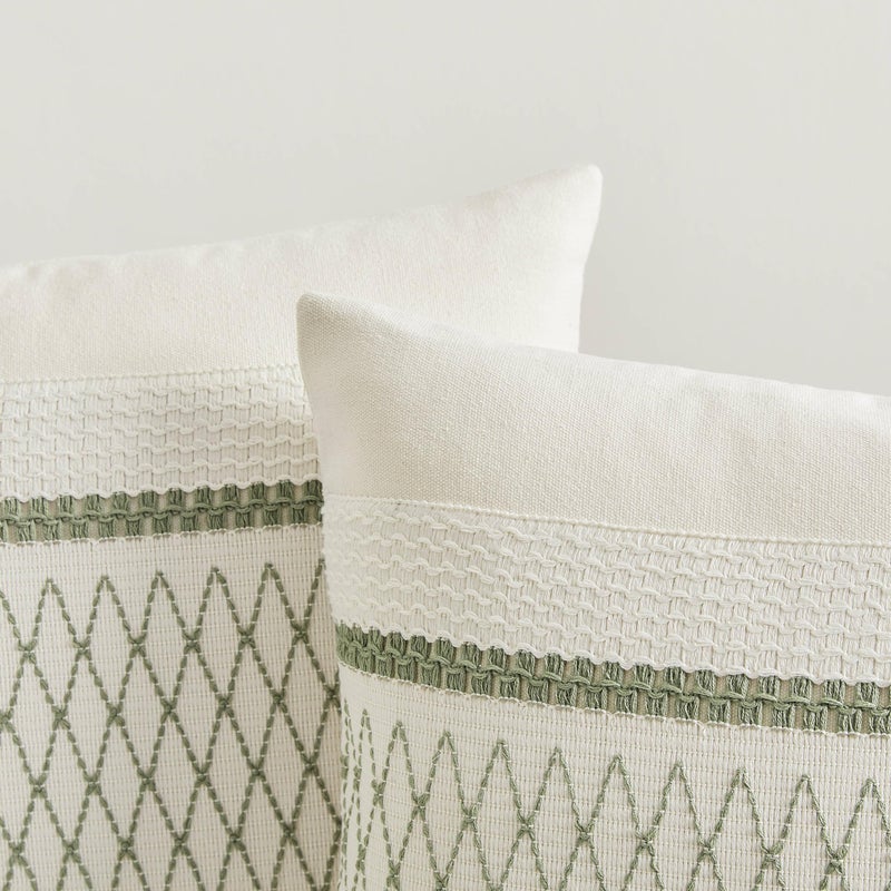ZeeMart 2 Packs Cotton Boho Throw Pillow Covers 18x18 Inch Grid Green, Soft Farmhouse Decorative Couch Pillow Cases Sage Green Cushion Covers for Sofa Bed Living Room Home Decor - Image 2