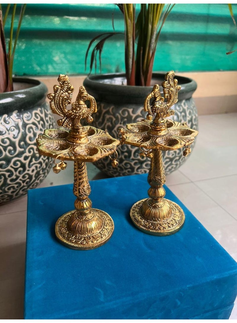Traditional Brass Peacock Design Oil Lamp Set (Pair) – Antique Finish Pooja Deepam/Diwali decor/Ganpati decor - Image 1
