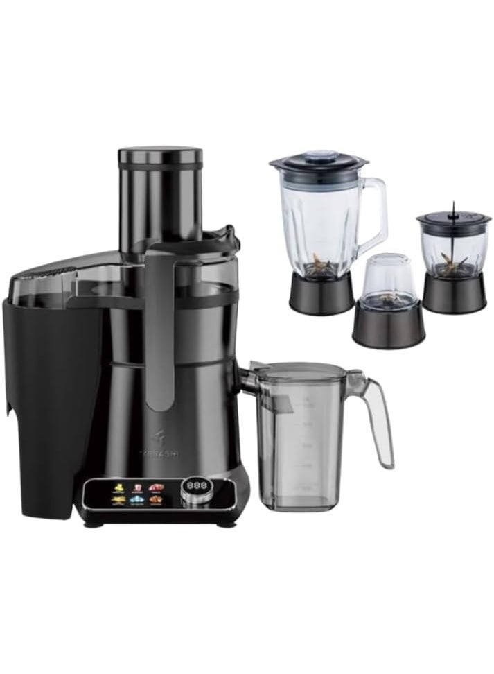 MEBASHI ME-JB2014 1000W 4-in-1 Juicer Blender, 1.5L Glass Blender, 85mm Feeding Tube, 2L Pulp Container, Glass Chopper & Grinder – Metallic Gray (Mettalic Gray)