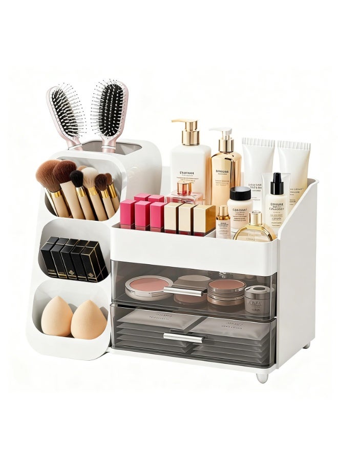 منظم مكياج مع حامل فرشاة للزينة، علبة عرض مستحضرات تجميل واسعة مع درجين، منظم مثالي لمستحضرات التجميل الأساسية والعناية بالبشرة وأحمر الشفاه في الحمام - Image 1