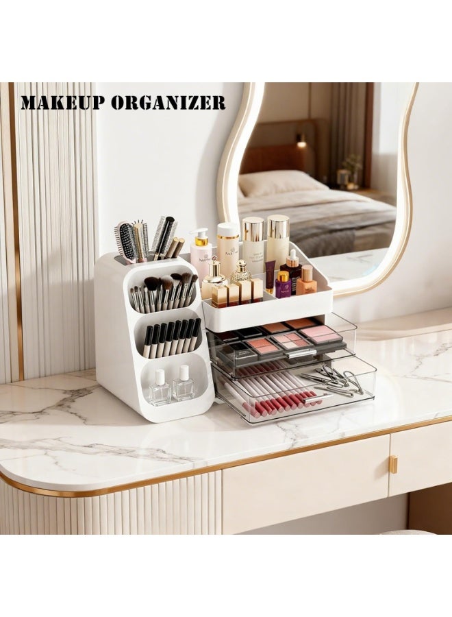 منظم مكياج مع حامل فرشاة للزينة، علبة عرض مستحضرات تجميل واسعة مع درجين، منظم مثالي لمستحضرات التجميل الأساسية والعناية بالبشرة وأحمر الشفاه في الحمام - Image 2