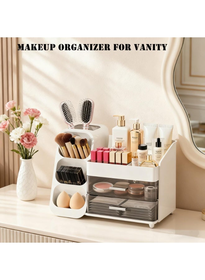 منظم مكياج مع حامل فرشاة للزينة، علبة عرض مستحضرات تجميل واسعة مع درجين، منظم مثالي لمستحضرات التجميل الأساسية والعناية بالبشرة وأحمر الشفاه في الحمام - Image 5