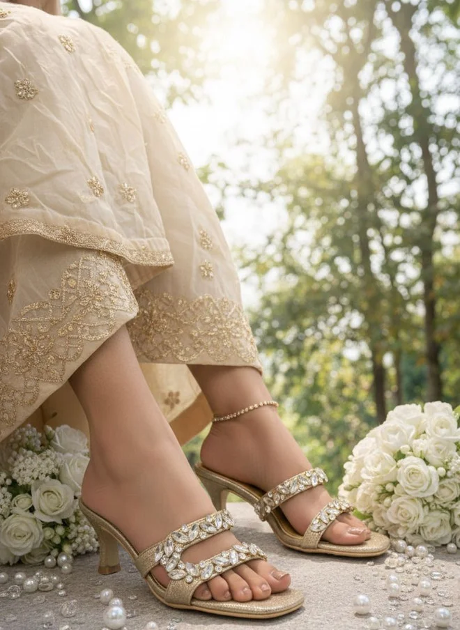 Sandal Stories Gold-Toned Textured PU Party Block Mules