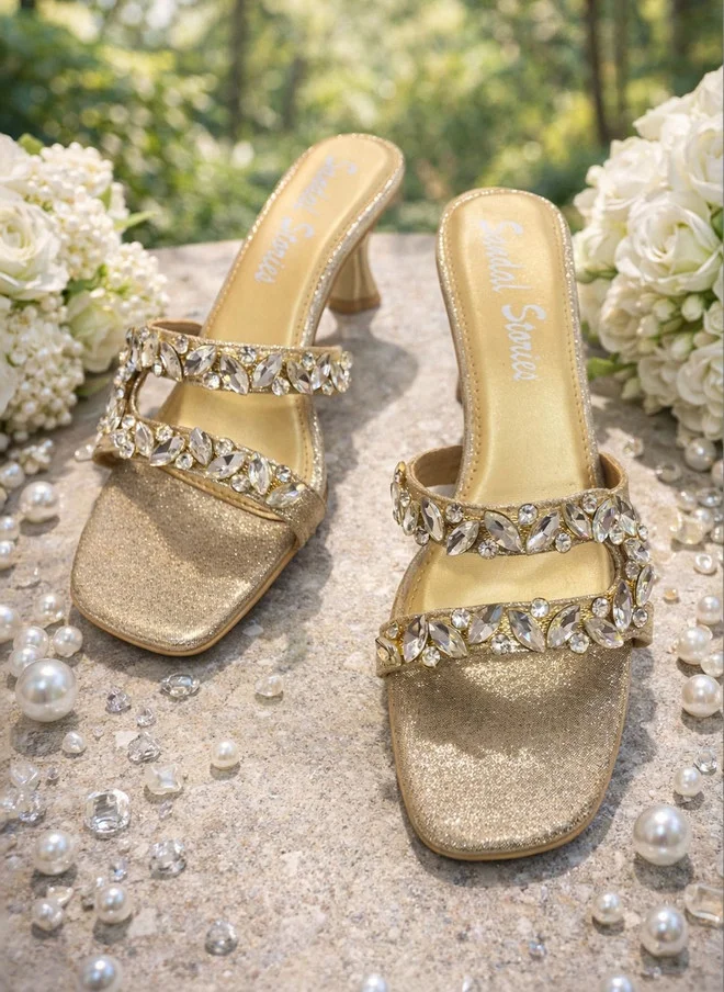 Sandal Stories Gold-Toned Textured PU Party Block Mules