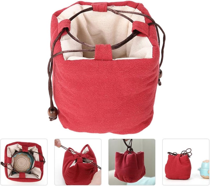 Portable Red Teaware Storage Bag with Drawstring, Lightweight Teapot and Cup Carrier Pouch for Travel and Outdoor Tea Set Organization - Image 5