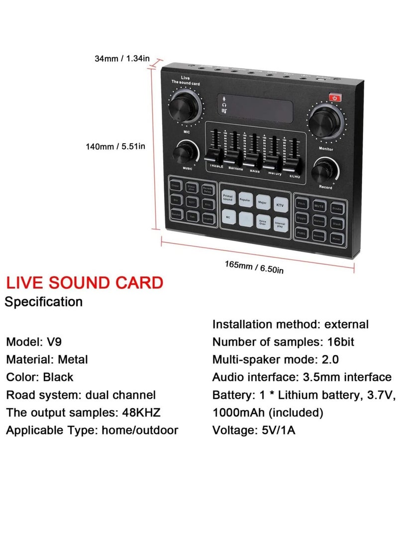 null - Mike Music Multifunctional Live V9 Sound Card and BM800 Suspension Microphone Kit Broadcasting Condenser Microphone Set Intelligent Webcast Live Sound Card for Computers and Mobilephone (v9, Black) - Image 1