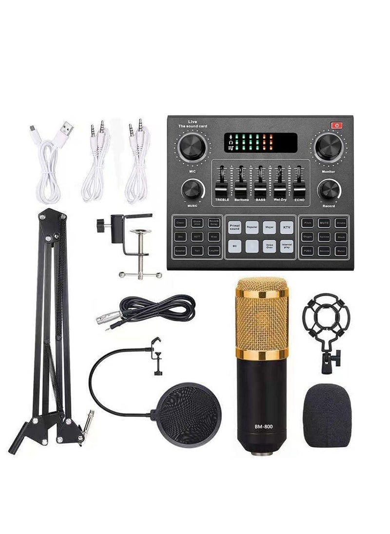 Mike Music Multifunctional Live V9 Sound Card and BM800 Suspension Microphone Kit Broadcasting Condenser Microphone Set Intelligent Webcast Live Sound Card for Computers and Mobilephone (v9, Black)  - Image 1