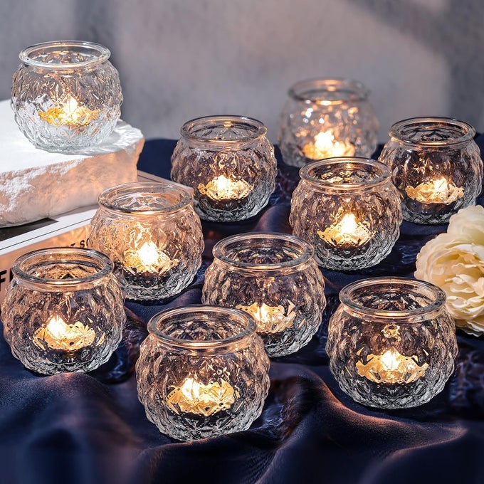 CLEAR VOTIVE CANDLE HOLDERS SET OF 24 ROUND GLASS CANDLE HOLDERS BULK FOR TEA LIGHT CANDLE DIAMOND TEXTURE CANDLE VOTIVES FOR WEDDING CENTERPIECE LIVING ROOM HOME TABLE DECOR