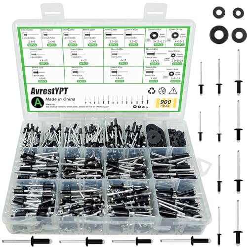 AvrestYPT 900 Pcs Black Pop Rivets Assortment Kit with Washers, SAE Aluminum Blind Rivets, 14 Sizes Metal Pop Rivet Assortment for Metal Furniture, Automotive(3/32" 1/8" 5/32" 3/16" 1/4") - Image 1