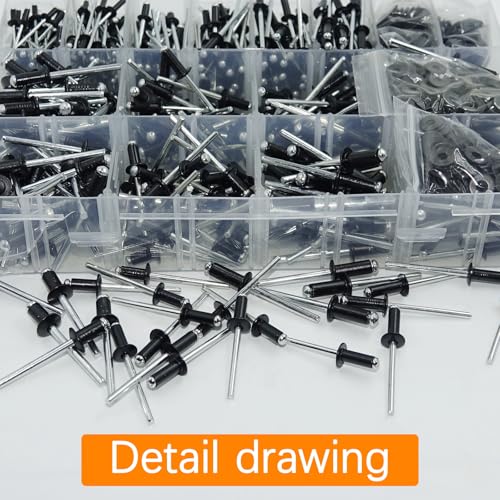 AvrestYPT 900 Pcs Black Pop Rivets Assortment Kit with Washers, SAE Aluminum Blind Rivets, 14 Sizes Metal Pop Rivet Assortment for Metal Furniture, Automotive(3/32" 1/8" 5/32" 3/16" 1/4") - Image 5
