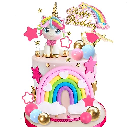 DRWATE 29 PCS Unicorn Cake Topper, Unicorn Rainbow Cake Decorations with Rainbow Stars Unicorn Balls Happy Birthday Cake Decorations for Boys Girls Kids Birthday Party Baby Shower Supplies (Star) - Image 1
