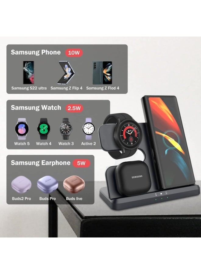 Wireless Charging Station for Samsung 3 in 1 Wireless Charger for Galaxy Watch 4/3/Active 2/1 Compatible with Samsung S22 Ultra S21 S20 Note20 Z Flip 4/3 Z Fold Galaxy Buds, Black - Image 3