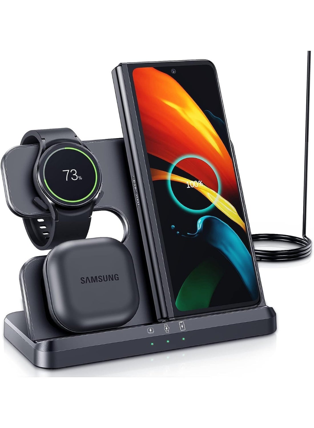 Wireless Charging Station for Samsung 3 in 1, 15 W Wireless Charger for Galaxy Watch 4/3/Active 2/1 Compatible with Samsung S22 Ultra S21 S20 Note20 Z Flip 4/3 Z Fold Galaxy Buds, Black