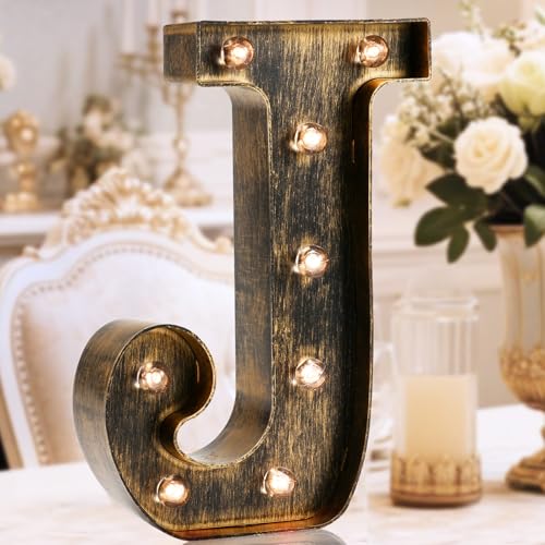 OYCBUZO Golden Black Led Marquee Letter - Industrial, Vintage Style Light Up Alphabet Letter Sign for Cafe Wedding Birthday Party Christmas Lamp Home Bar Initials Decor - J - Image 1