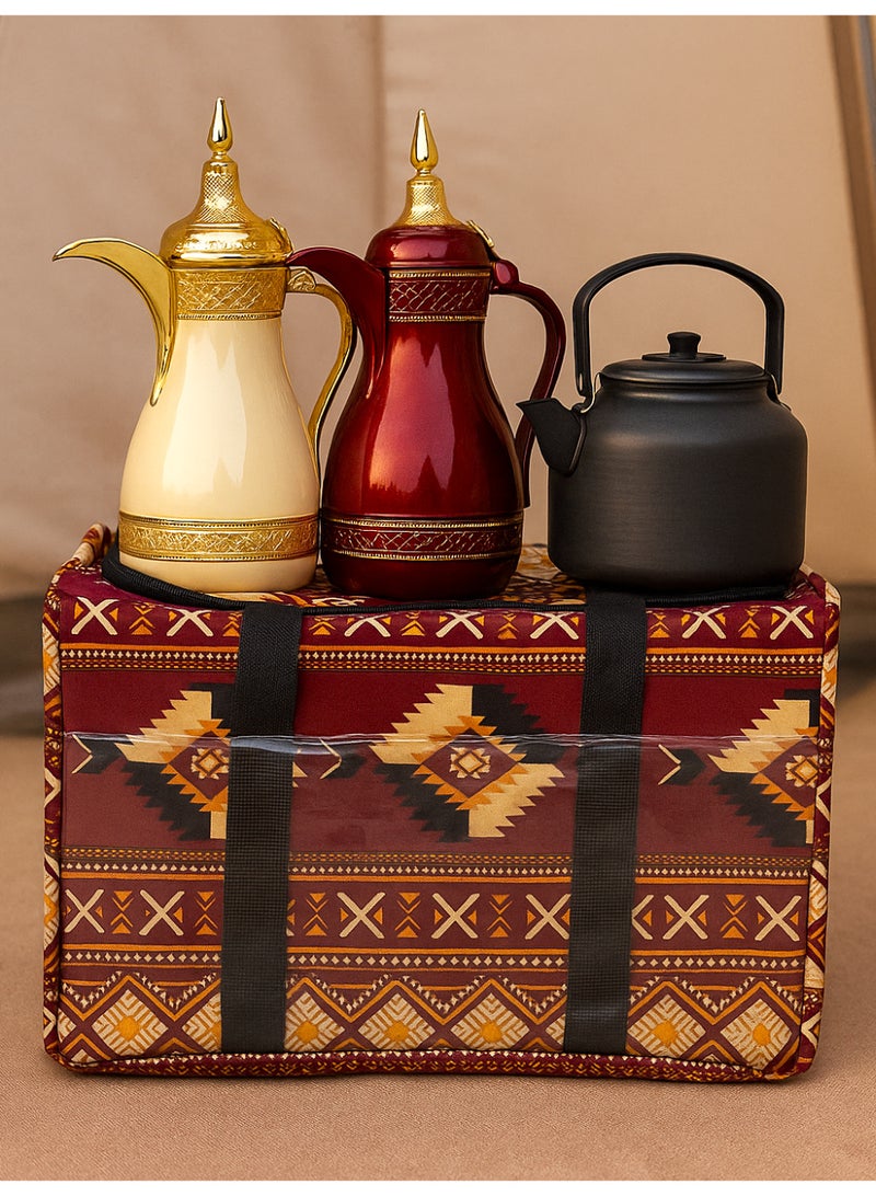 GO2CAMPS Premium Heavy Duty Thermal Insulated Picnic Basket ,Camping Bag , Thermal Travel Cooler Bag [ Large 47 x 21 x 30 CM ] Hot & Cold Multi-Compartment Storage Box for Food, Drinks, Arabic Coffee Dallah, Tea Kettles & Cups | EVA Thick Waterproof & Leak-Proof Picnic Bag | Traditional Arabic Kaki Design Camping Cooler for Desert Trips, Majlis Events, BBQ, Hiking, Outdoor Travel & Family Picnic Accessories - Image 3