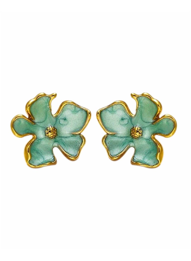 KAAF CREATIONS 18K Gold Plated Stainless Steel Floral Stud Earrings, Mint Green Enamel with Gold-Plated Trim - Image 1
