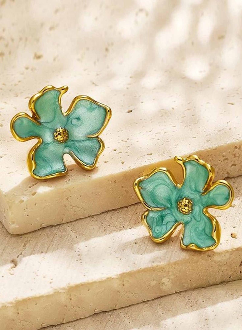 KAAF CREATIONS 18K Gold Plated Stainless Steel Floral Stud Earrings, Mint Green Enamel with Gold-Plated Trim - Image 2
