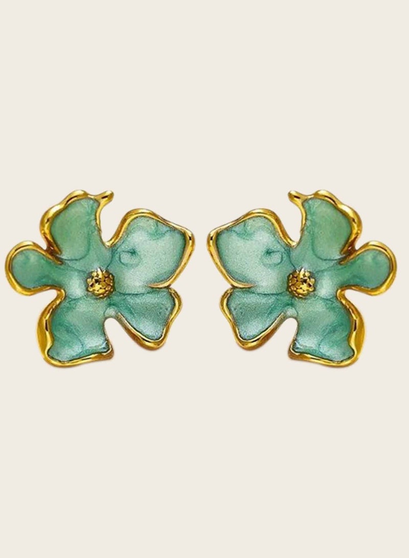 KAAF CREATIONS 18K Gold Plated Stainless Steel Floral Stud Earrings, Mint Green Enamel with Gold-Plated Trim - Image 3