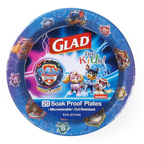 Glad for Kids Paw Patrol Round Disposable Paper Plates, Shields Design - Heavy Duty, Soak Proof, Microwavable Plates for Everyday Use, 8.5 Inch, 20 Count - Image 1
