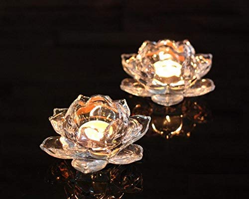 BEE HOME Glass Lotus Flower Tea Light Candle Holder for Home Decoration on Function and Festival Like Diwali, Christmas [ Pack of 2 | Multi-Color ] - Image 1