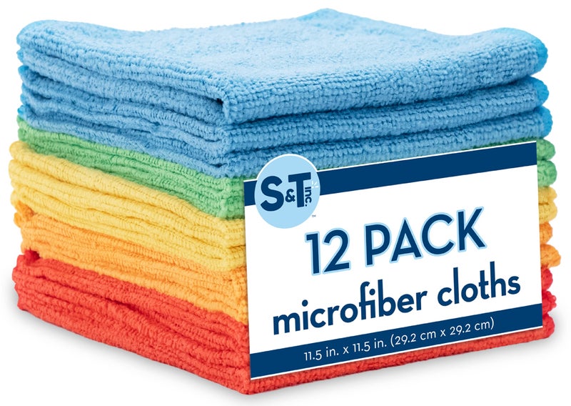 S&T INC. ST INC 12 Pack Microfiber Cleaning Cloth Bulk Towels for Home Reusable Microfiber Towels for Cars Cleaning Rags Assorted 115 Inches x 115 Inches 12 Count