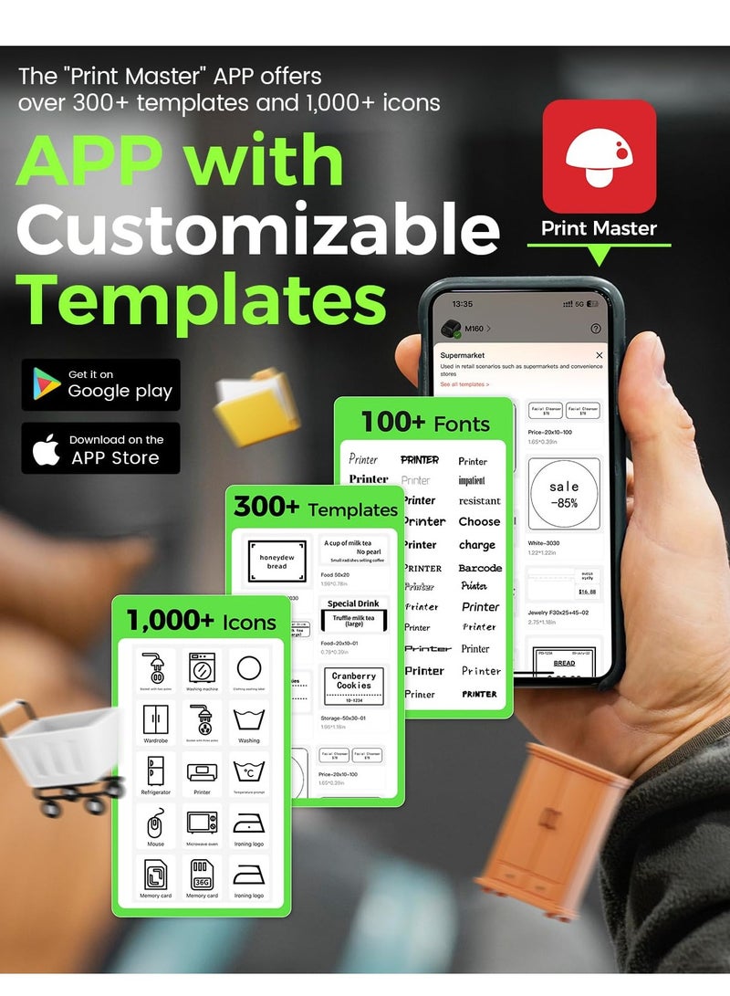 phomemo M160 Label Maker, Bluetooth Address Label Printer with Different Fonts and Templates, 2 Inch Barcode Label Maker for Small Business, Mailing, Logo, Clothing, Sticker Printer for Phone& PC, Black - Image 4