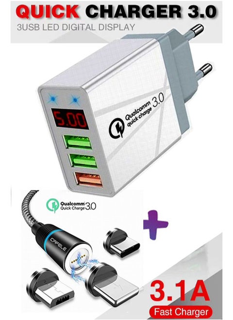 ⭐ Mobile Phone Charger Digital Display Travel Wall Charger Adapter  3.1A Support  Fast Charger Quick Charge 3.1  with LED Display  Qc Fast Charging with 2M Magnetic  cable For iPhone and Android  شاحن موبايل بتقنية الشحن السريع من كوالكوم مع 3 مخرج لشحن اكثر من هاتف وشاشة ديجيتال لعرض قوة الشحن مع كابل مغناطيسي شحن 2 متر و3 راس متغير لشحن كل الهواتف