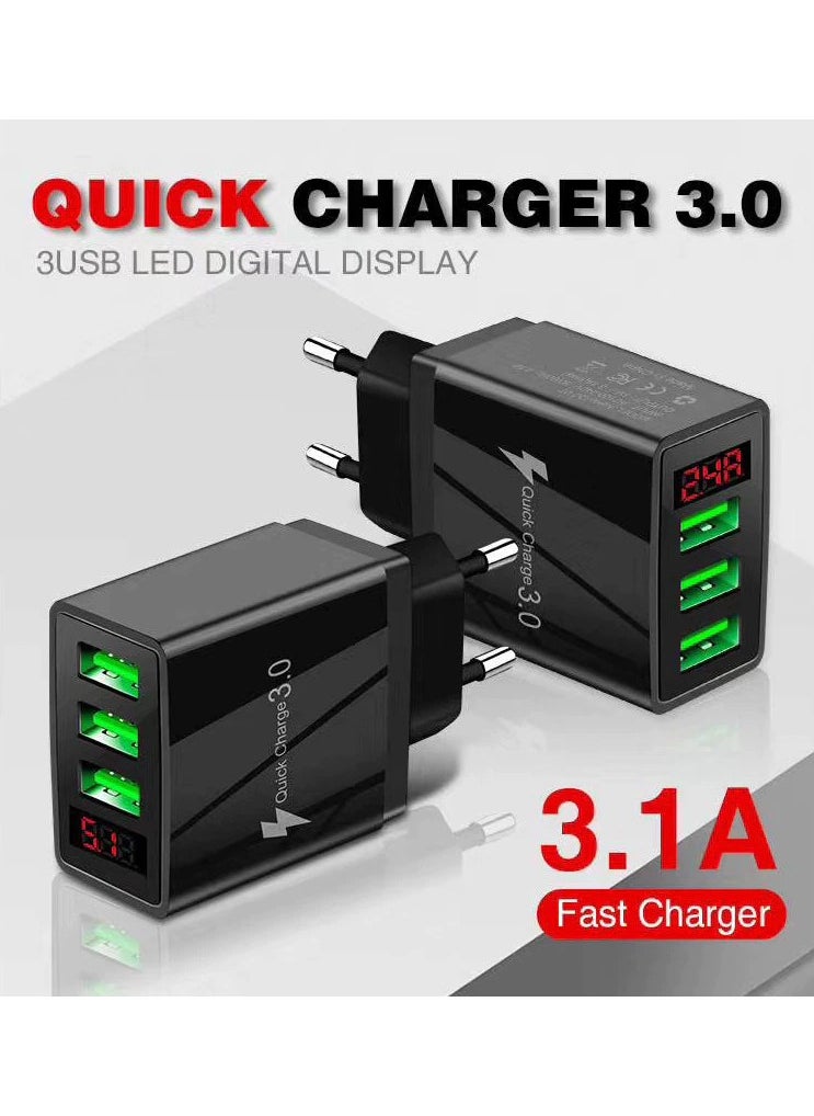 ⭐ Mobile Phone Charger Digital Display Travel Wall Charger Adapter  3.1A Support  Fast Charger Quick Charge 3.1  with LED Display  Qc Fast Charging with 2M Magnetic  cable For iPhone and Android  شاحن موبايل بتقنية الشحن السريع من كوالكوم مع 3 مخرج لشحن اكثر من هاتف وشاشة ديجيتال لعرض قوة الشحن مع كابل مغناطيسي شحن 2 متر و3 راس متغير لشحن كل الهواتف