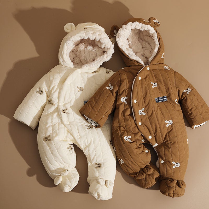 Baby New Year Greetings Clothes Winter Festive Fleece-Lined Feet Baby Clothes Cotton Padded Jumpsuit Thickened Going Out Holding Clothes - Image 2