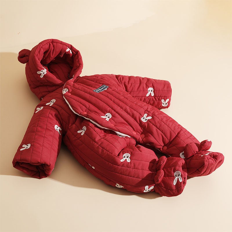Baby New Year Greetings Clothes Winter Festive Fleece-Lined Feet Baby Clothes Cotton Padded Jumpsuit Thickened Going Out Holding Clothes - Image 5