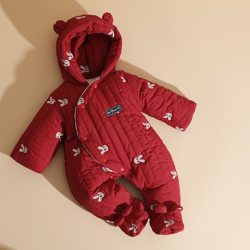 Baby New Year Greetings Clothes Winter Festive Fleece-Lined Feet Baby Clothes Cotton Padded Jumpsuit Thickened Going Out Holding Clothes - Image 1