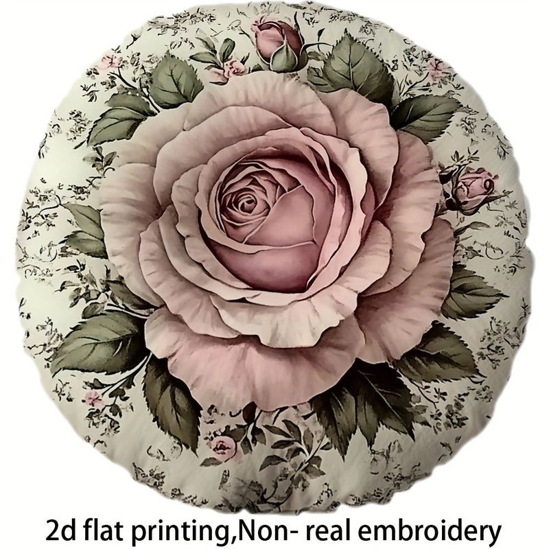 Two Sided 16x16 Inch Round Cushion Vintage Shabby Chic Pillow Pastel Pink Roses Decor - Image 1