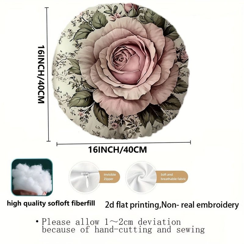 Two Sided 16x16 Inch Round Cushion Vintage Shabby Chic Pillow Pastel Pink Roses Decor - Image 3