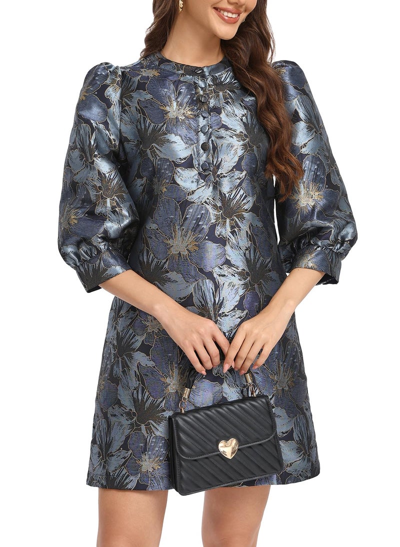 Ladyful Women's Floral Jacquard Shift Dress 2026 Long Puff Sleeve Button Up Elegant Cocktail Party Mini Dress Blue - Image 5