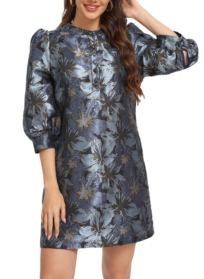 Ladyful Women's Floral Jacquard Shift Dress 2026 Long Puff Sleeve Button Up Elegant Cocktail Party Mini Dress Blue - Image 2