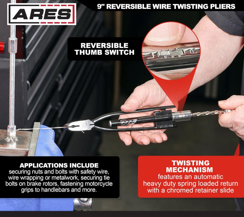 ARES 10003-9-Inch Reversible Wire Twister Pliers - Auto Spring Loaded Return – Durable Untwist Tool Grips, Twists, and Cuts Stainless Steel Safety Wire on Vehicles, Machinery, and Aircraft - Image 4