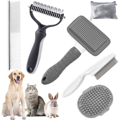 KUEIOX Dog Brush for Shedding,6 PCS in One Pet Slicker Hair Brush Kit Organizer Bag - Dog Cat Grooming Deshedding Undercoat Rake Brush Comb for All Small Large Dogs Cats Grey - Image 1