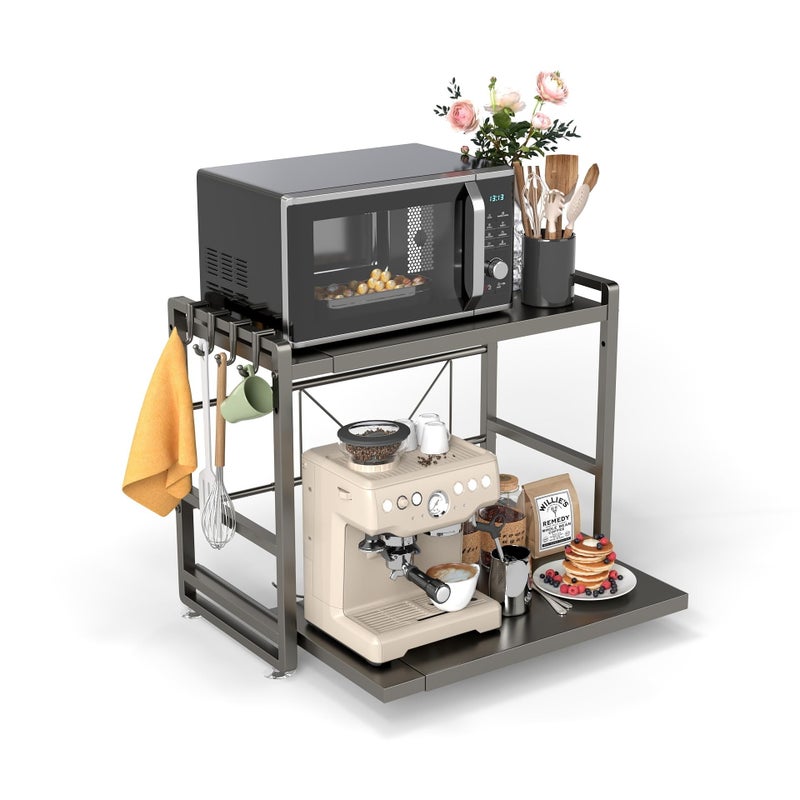 BeSokar 2-Tier Microwave Rack - Height Adjustable & Extendable Kitchen Shelf with Drawer - Carbon Steel - Includes Hooks & Reinforcement Suction Cups - Easy Assembly (Black) - Image 1