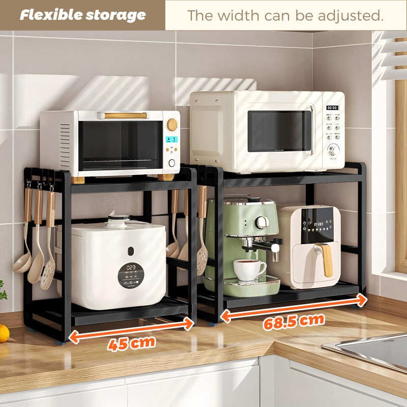 BeSokar 2-Tier Microwave Rack - Height Adjustable & Extendable Kitchen Shelf with Drawer - Carbon Steel - Includes Hooks & Reinforcement Suction Cups - Easy Assembly (Black) - Image 4