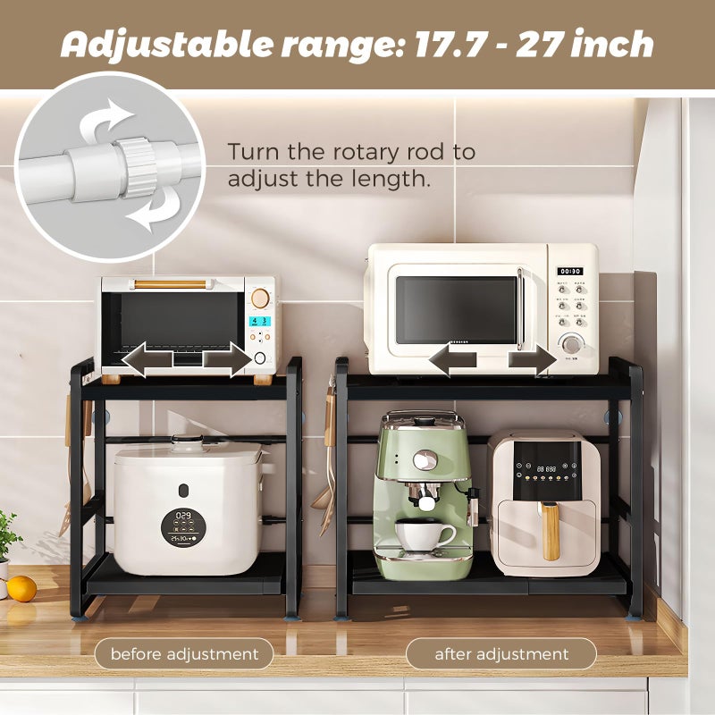 BeSokar 2-Tier Microwave Rack - Height Adjustable & Extendable Kitchen Shelf with Drawer - Carbon Steel - Includes Hooks & Reinforcement Suction Cups - Easy Assembly (Black) - Image 5