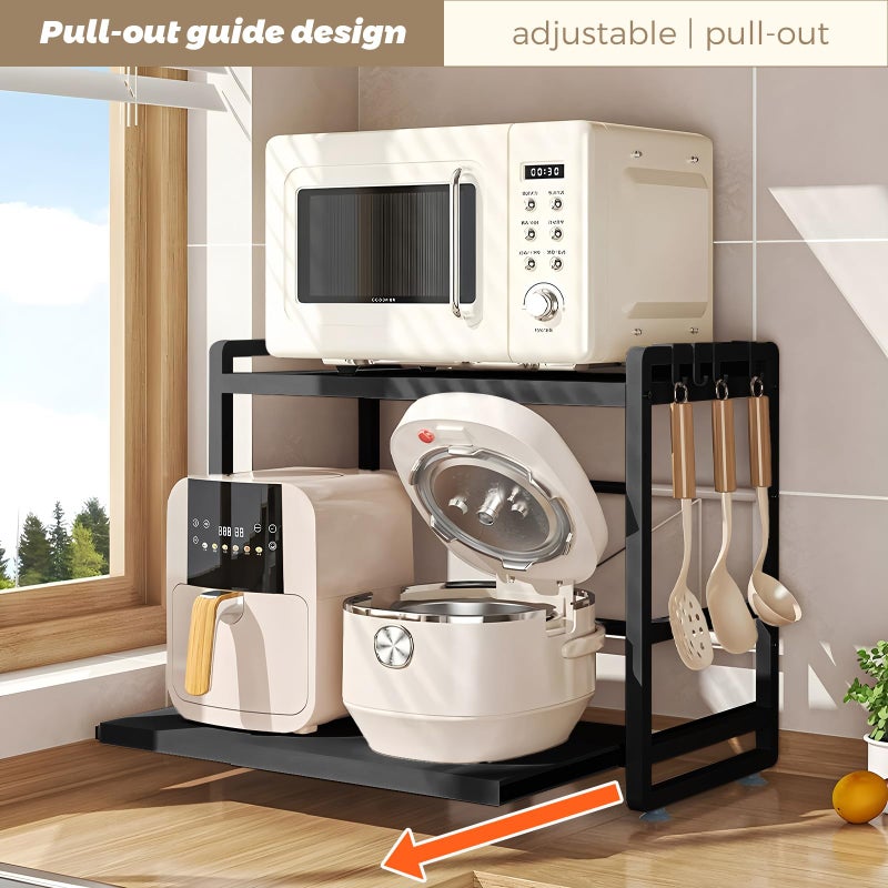 BeSokar 2-Tier Microwave Rack - Height Adjustable & Extendable Kitchen Shelf with Drawer - Carbon Steel - Includes Hooks & Reinforcement Suction Cups - Easy Assembly (Black) - Image 3